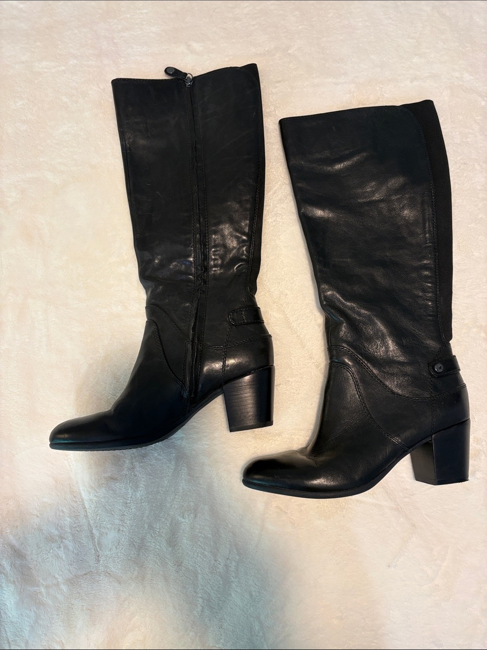 Geox Black Leather Knee-High Heeled Boots
